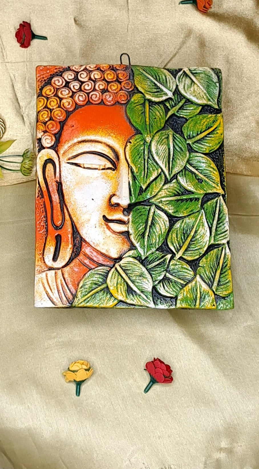 Terracotta Buddha Face with Leaf Hanging Painting Home Decor