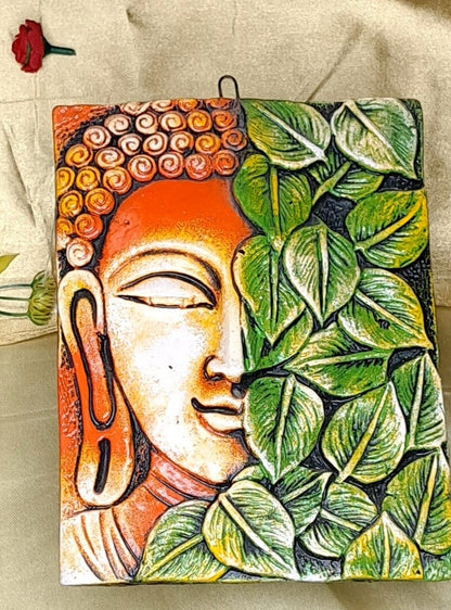 Terracotta Buddha Face with Leaf Hanging Painting Home Decor