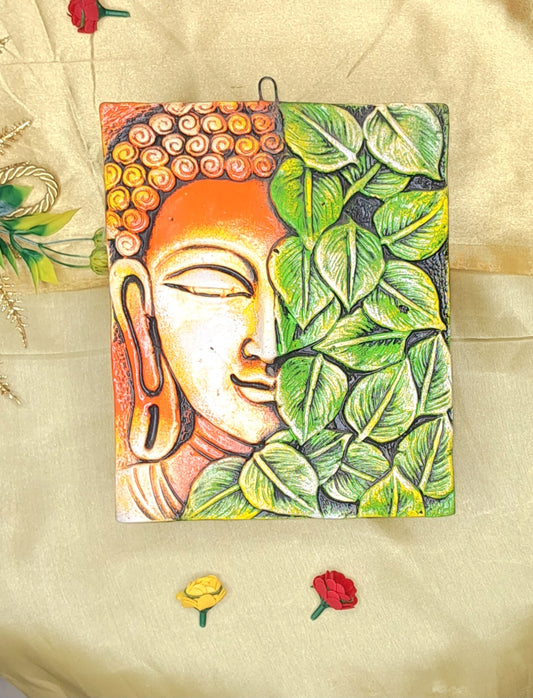 Buddha Face with Green Leaves Terracotta Clay Painting