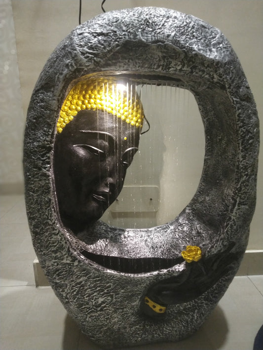 Buddha Face waterfall Fountain In Grey And Black and Gold colour