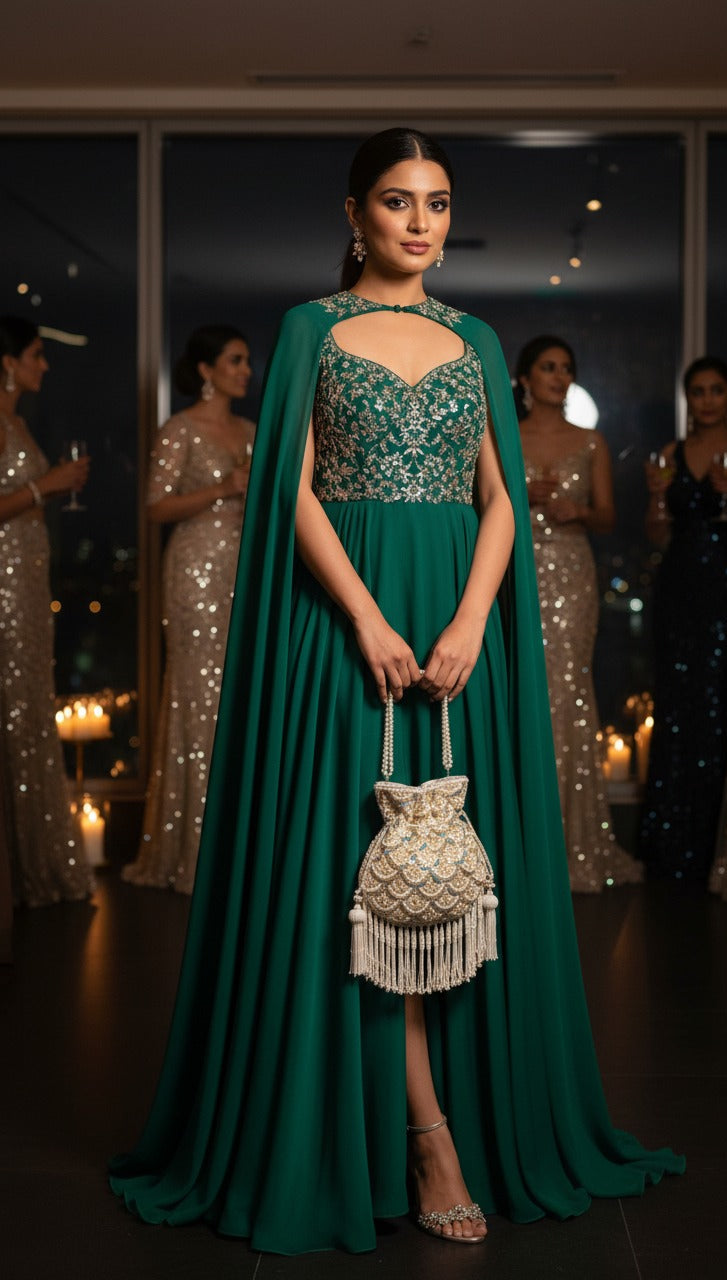 Woman in a green evening gown with a cape and matching handbag, standing in a dimly lit room with other people in the background.