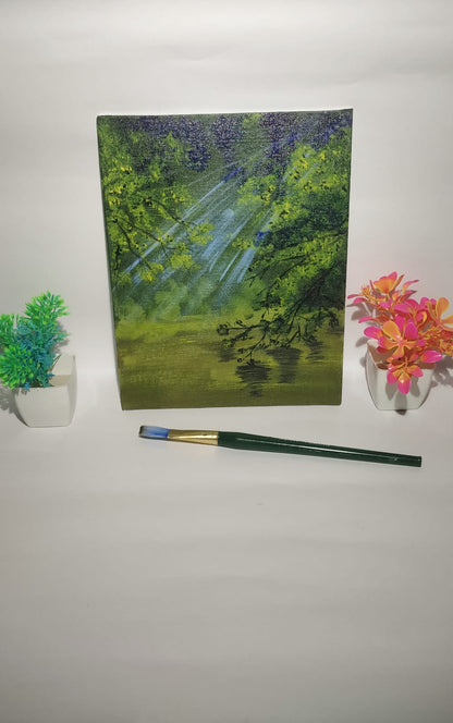 Canvas Art Painting with Water Reflection wall art nature landscape acrylic painting , Small canvas, mini canvas, floral ,handmade tiny art
