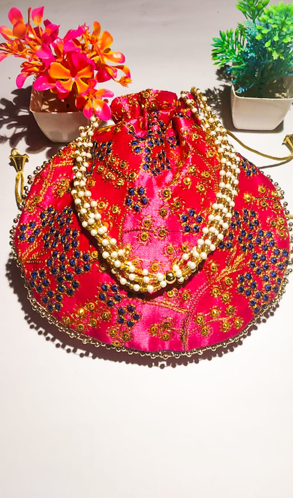 Potli bag silk Handmade peacock design women Zari Embroidered in Magenta colour Hand Clutch gifts for bride wedding Ethnic Pouch Bead pearl