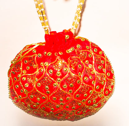 Potli bag silk Handmade design women Zari Embroidered in Red colour Hand Clutch gifts for bride wedding Ethnic Pouch Bead pearl