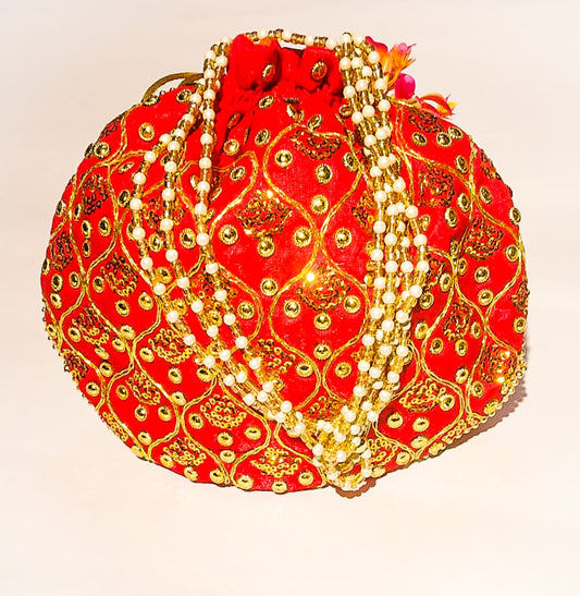Potli bag silk Handmade design women Zari Embroidered in Red colour Hand Clutch gifts for bride wedding Ethnic Pouch Bead pearl