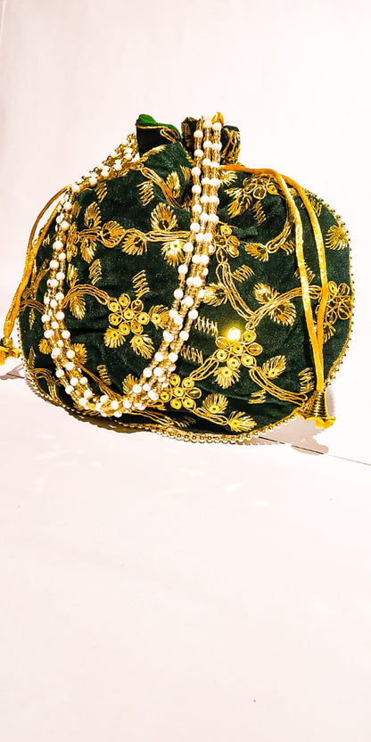 Potli Bag Silk Zari Embroidered Green Colour Hand Clutch Pouch