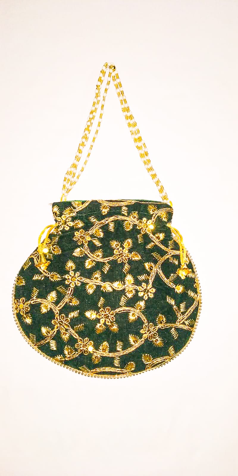 Potli Bag Silk Zari Embroidered Green Colour Hand Clutch Pouch