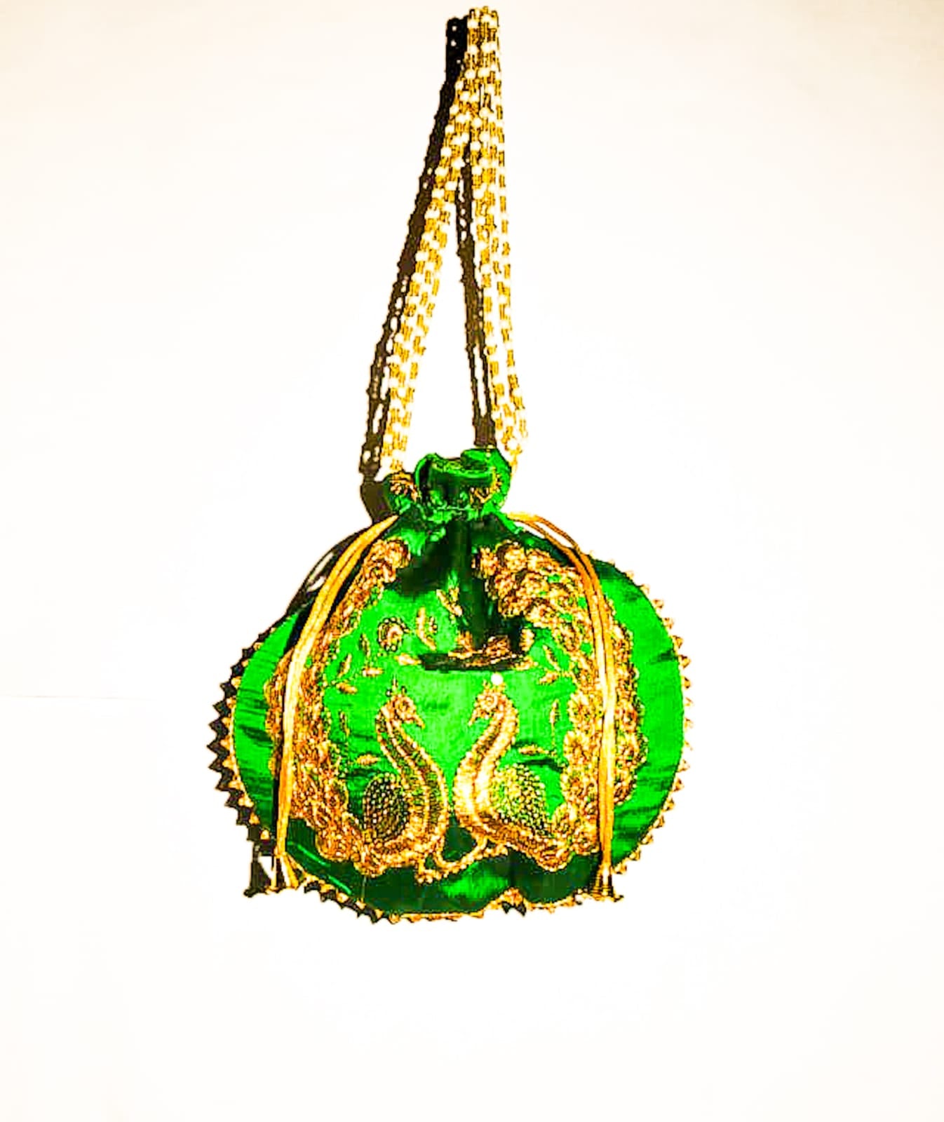 Potli bag silk Handmade peacock design women Zari Embroidered in Green colour Hand Clutch gifts for bride wedding Ethnic Pouch Bead pearl