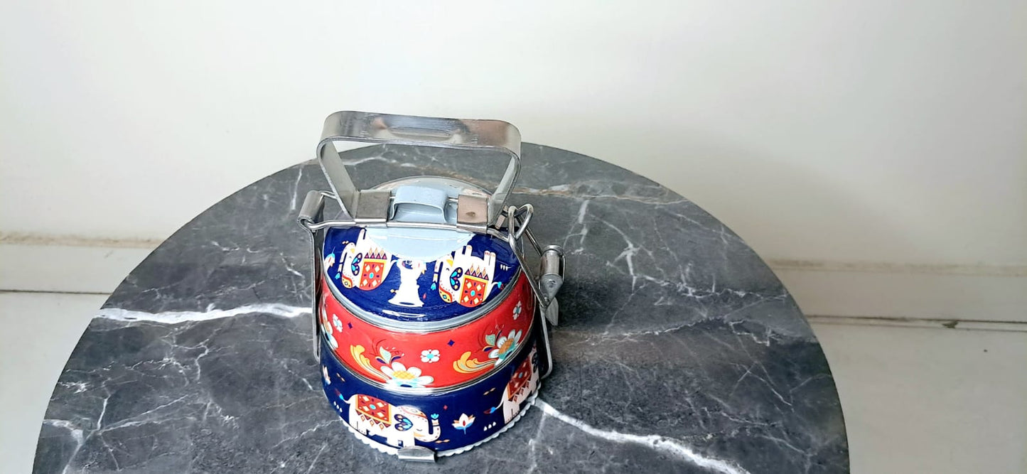 Hand-Painted Indian Tiffin Lunchbox: 2-Tier Stainless Steel Bento Box
