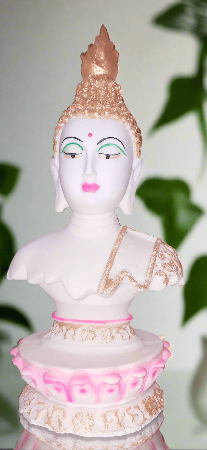 Handcrafted Tibetan Buddha Face Statue harmonious symbolizing Lotus of Enlightenment inner peace lotus base colourful Tranquil Resonance - KRIDHA DECOR
