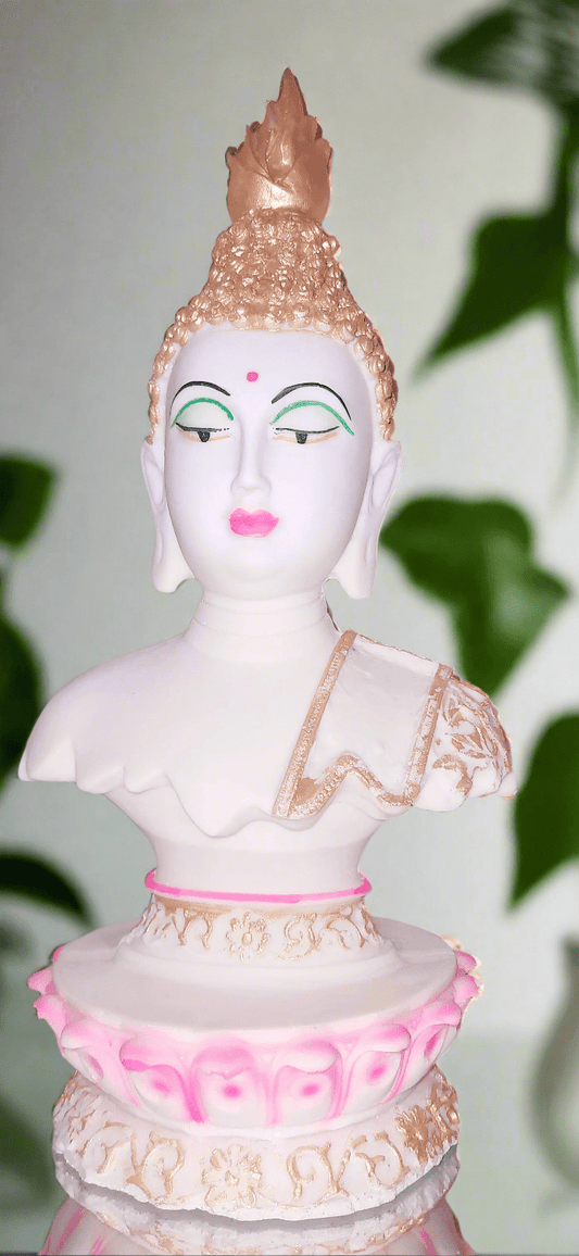 Handcrafted Tibetan Buddha Face Statue harmonious symbolizing Lotus of Enlightenment inner peace lotus base colourful Tranquil Resonance - KRIDHA DECOR