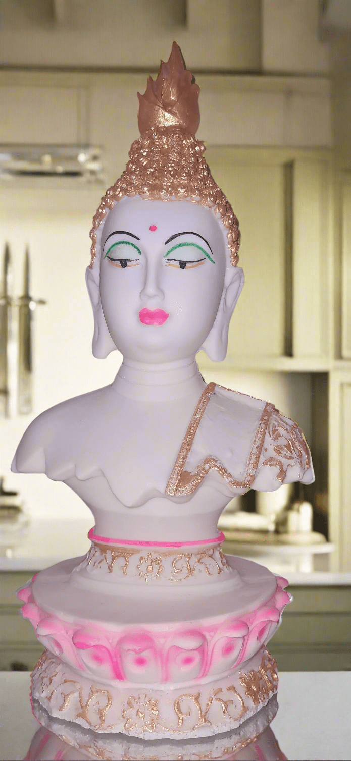 Handcrafted Tibetan Buddha Face Statue harmonious symbolizing Lotus of Enlightenment inner peace lotus base colourful Tranquil Resonance - KRIDHA DECOR