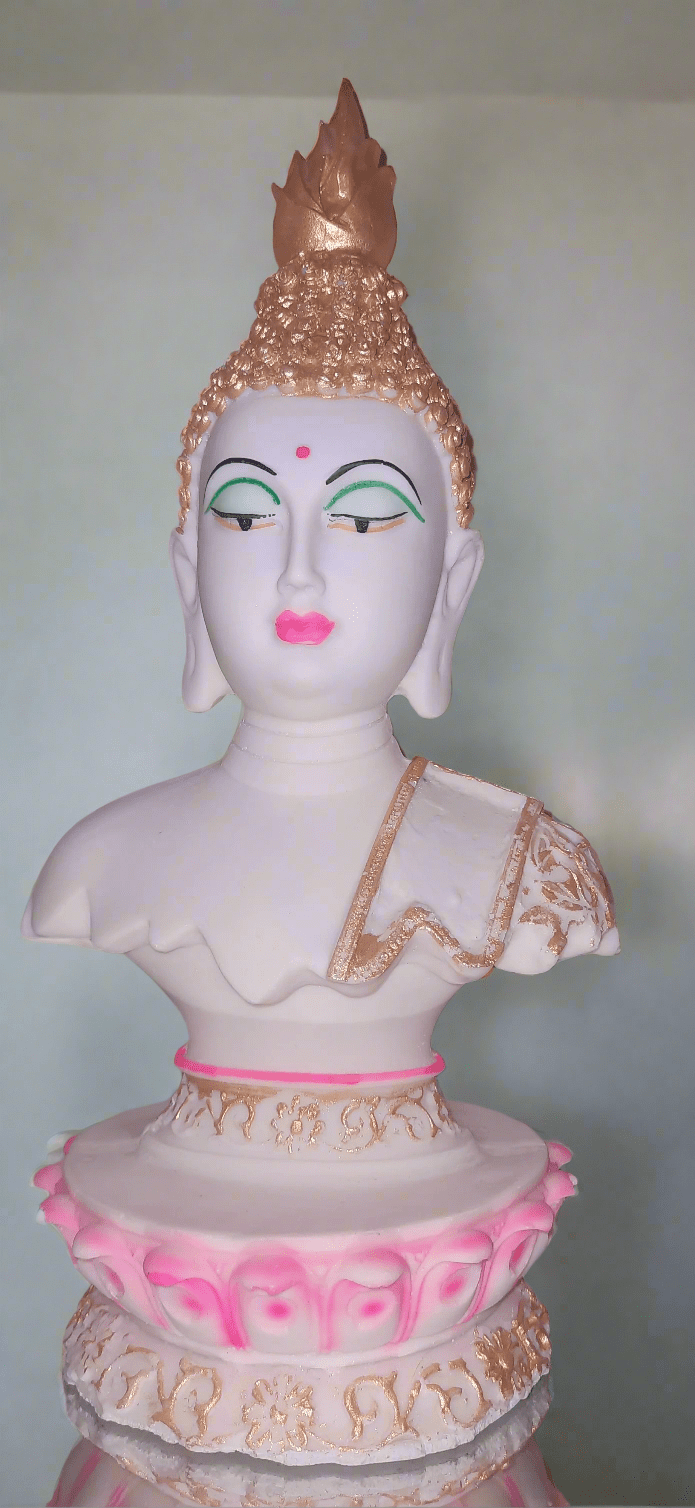 Handcrafted Tibetan Buddha Face Statue harmonious symbolizing Lotus of Enlightenment inner peace lotus base colourful Tranquil Resonance - KRIDHA DECOR