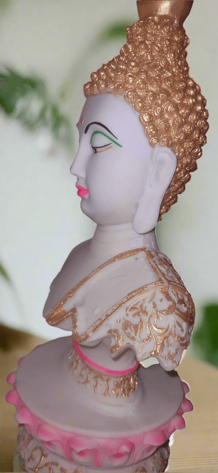 Handcrafted Tibetan Buddha Face Statue harmonious symbolizing Lotus of Enlightenment inner peace lotus base colourful Tranquil Resonance - KRIDHA DECOR