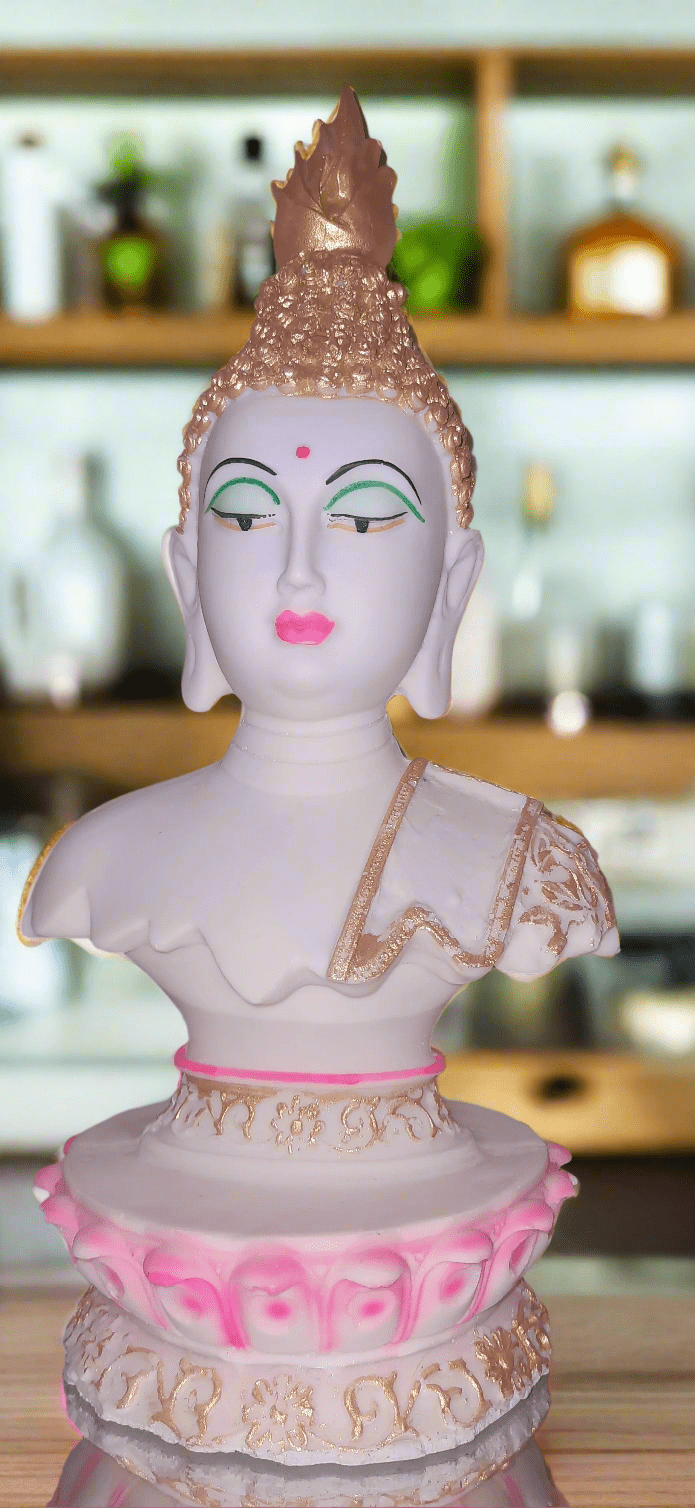 Handcrafted Tibetan Buddha Face Statue harmonious symbolizing Lotus of Enlightenment inner peace lotus base colourful Tranquil Resonance - KRIDHA DECOR