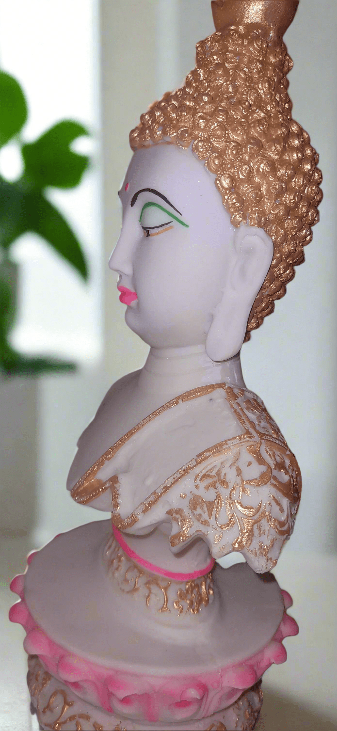Handcrafted Tibetan Buddha Face Statue harmonious symbolizing Lotus of Enlightenment inner peace lotus base colourful Tranquil Resonance - KRIDHA DECOR