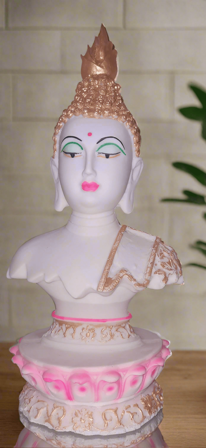 Handcrafted Tibetan Buddha Face Statue harmonious symbolizing Lotus of Enlightenment inner peace lotus base colourful Tranquil Resonance - KRIDHA DECOR