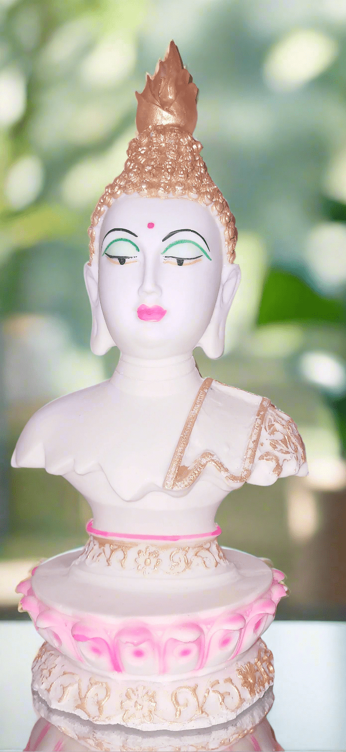 Handcrafted Tibetan Buddha Face Statue harmonious symbolizing Lotus of Enlightenment inner peace lotus base colourful Tranquil Resonance - KRIDHA DECOR