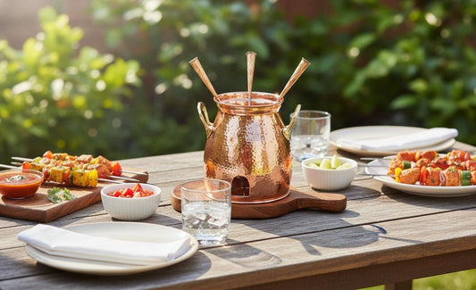 Copper & Wooden Table Tandoor Set - 3 Skewers | Traditional Indian Food Warmer | Dinnerware