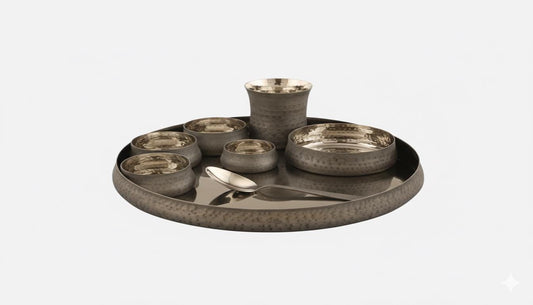 Hammered Brass Copper Kansa Thali Set - 8 Piece Indian Dinnerware