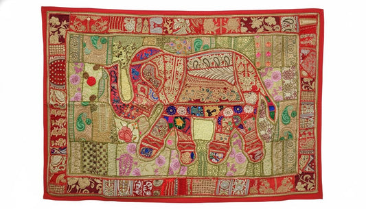 Boho Elephant Tapestry – Vintage Indian Patchwork Boho Wall Art
