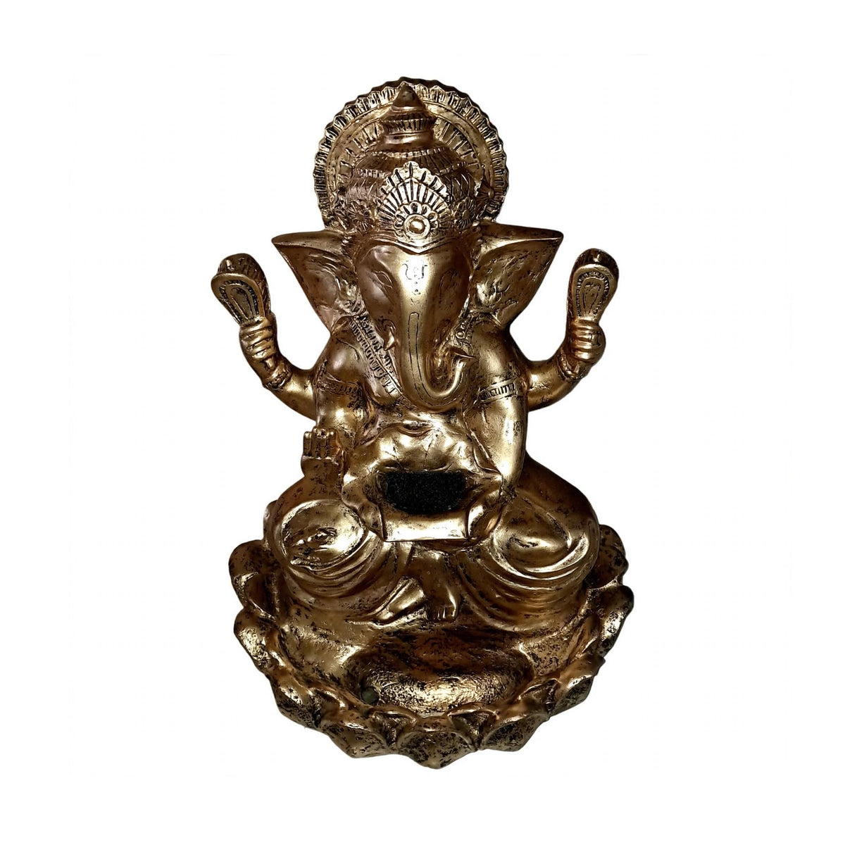 Sitting Ganesh fountain with LED light, antique copper, 90 cm, on white background