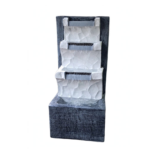 Tiered waterfall fountain with LED lights, white and black, on white background