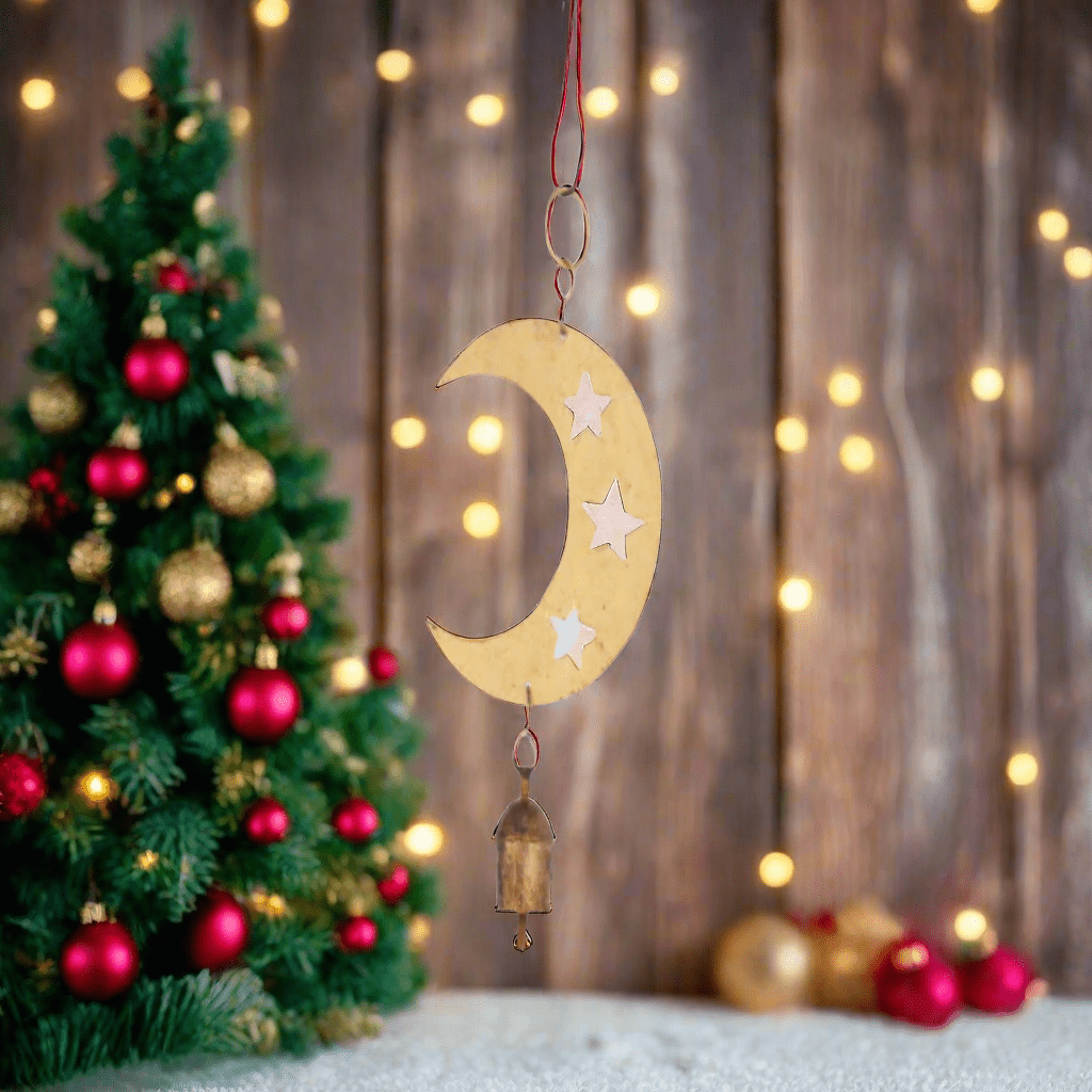 Unique Brass Crescent Moon and Stars Hanging Bell - KRIDHA DECOR