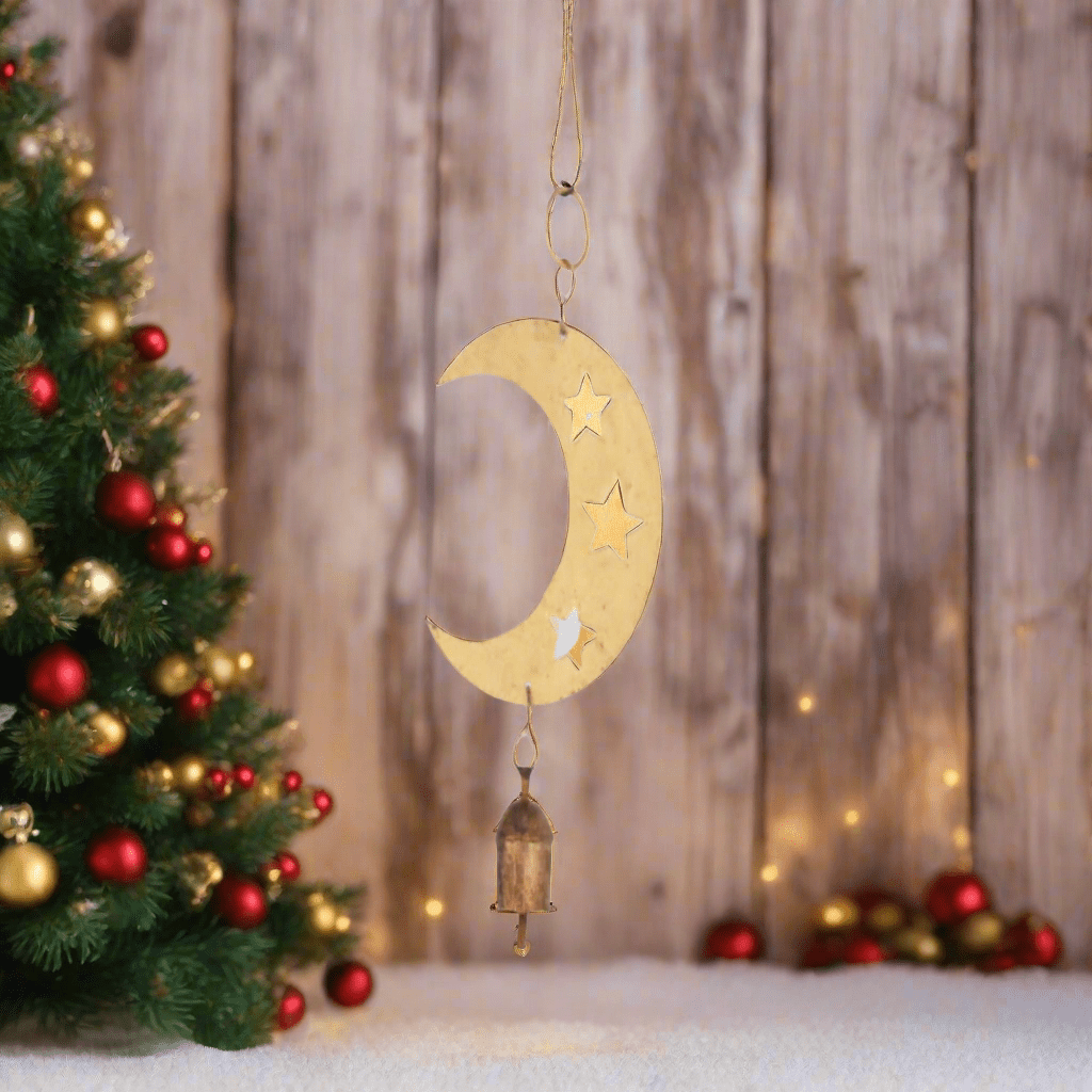 Unique Brass Crescent Moon and Stars Hanging Bell - KRIDHA DECOR