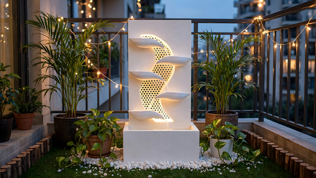 A handcrafted leaf-style water fountain with cascading water, one of Kridha Decor's bestselling home decor pieces
