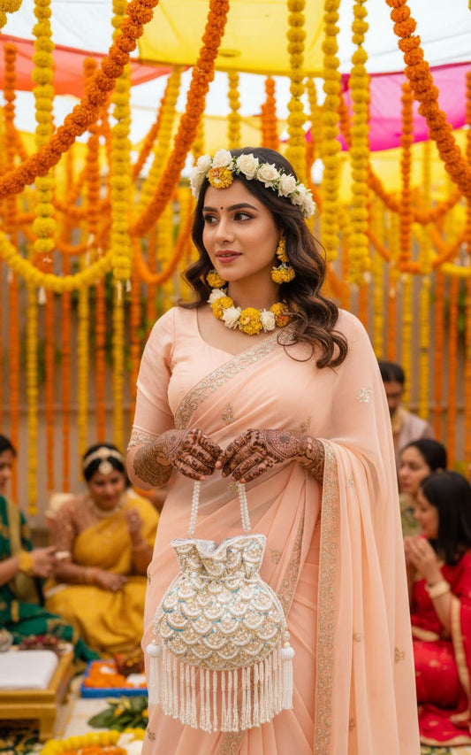 Woman in a peach saree with floral decorations at a festive event