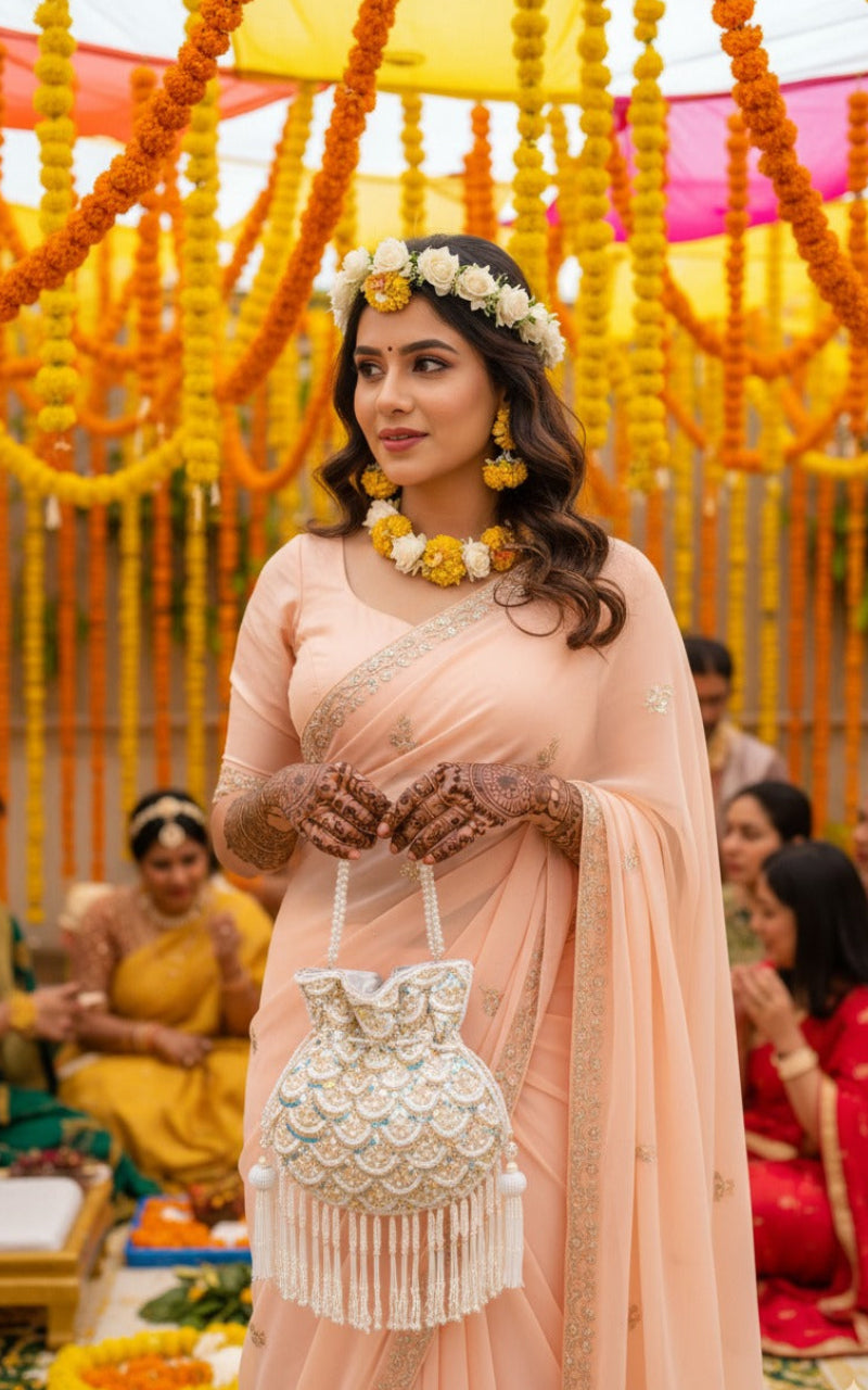 Woman in a peach saree with floral decorations at a festive event