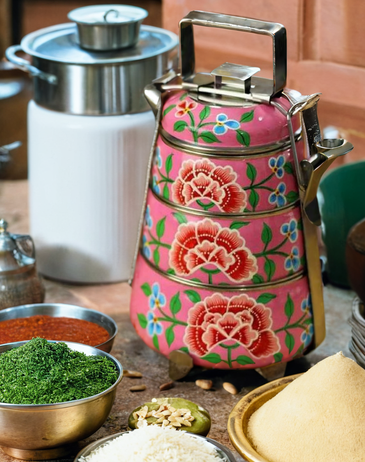 ENAMEL PAINT 3 TIER TIFFIN, BENTO BOX WITH FLORAL PRINT