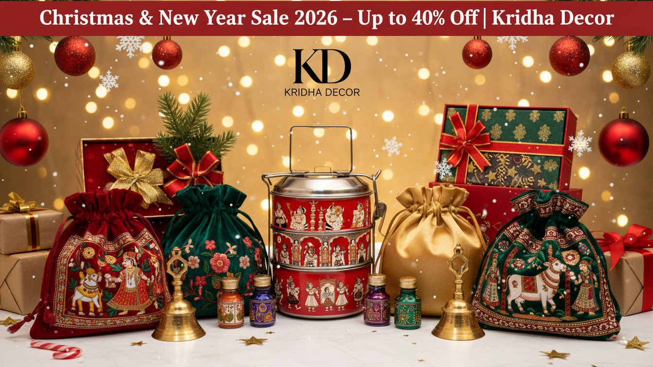Kridha Decor Christmas & New Year Sale 2026 promotional image with decorative items and festive background.