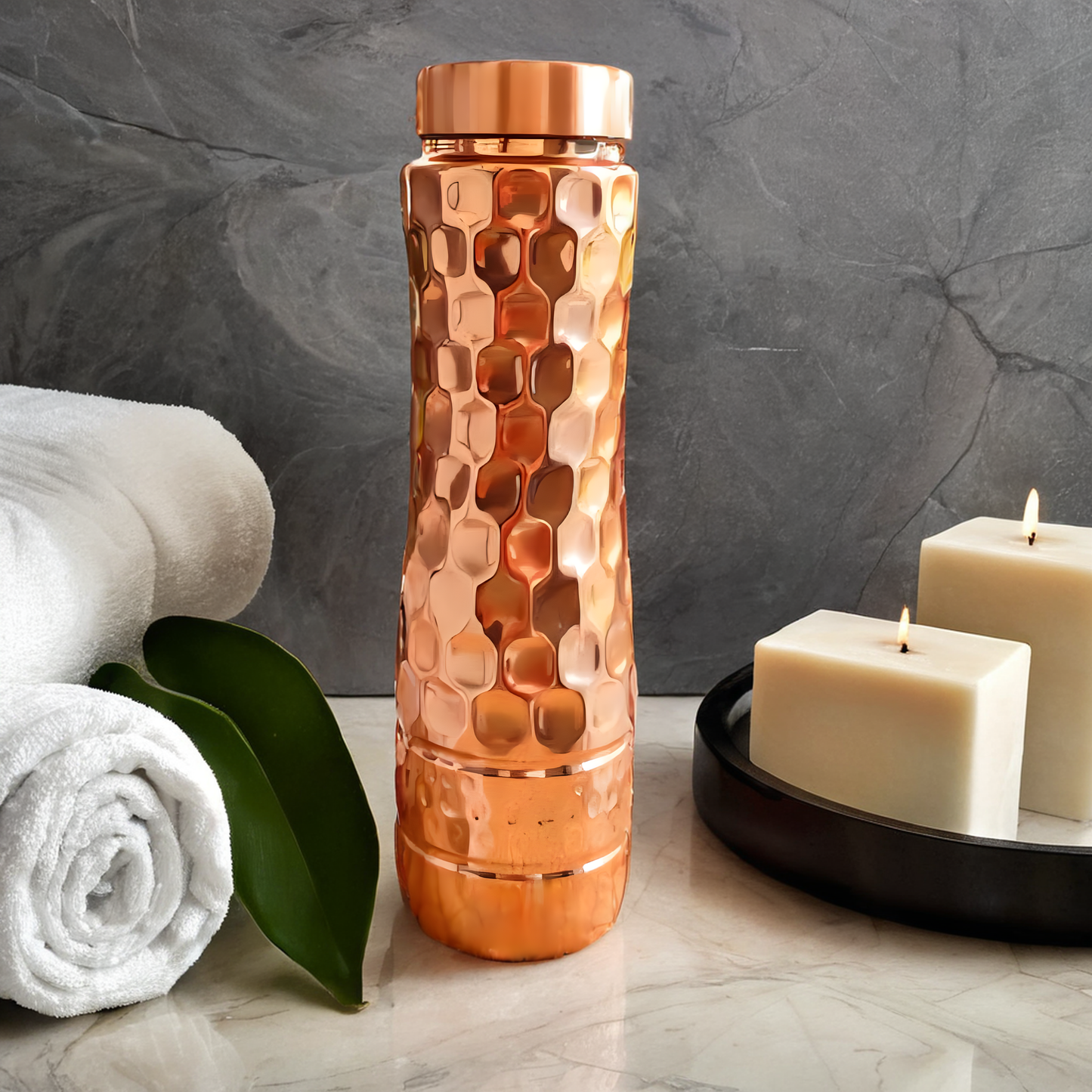 Pure Copper Water Bottle 750ML | Honeycomb Shine Design | BPA-Free Eco Friendly