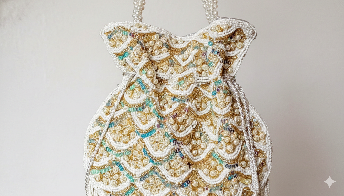 Decorative handbag with intricate gold and white pattern on a light gray background