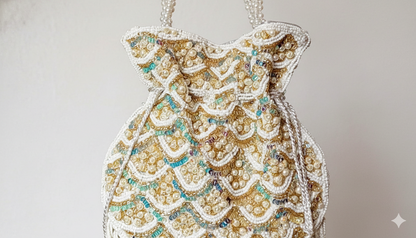 Decorative handbag with intricate gold and white pattern on a light gray background
