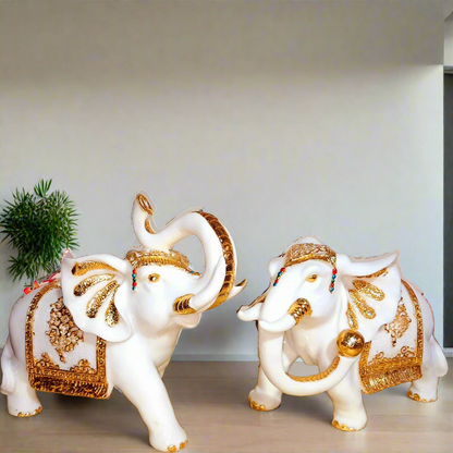 Elephant Pair in marble dust in white and gold color