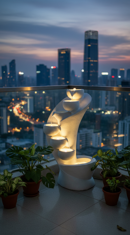Decorative water fountain with lights on a balcony overlooking a cityscape at dusk.