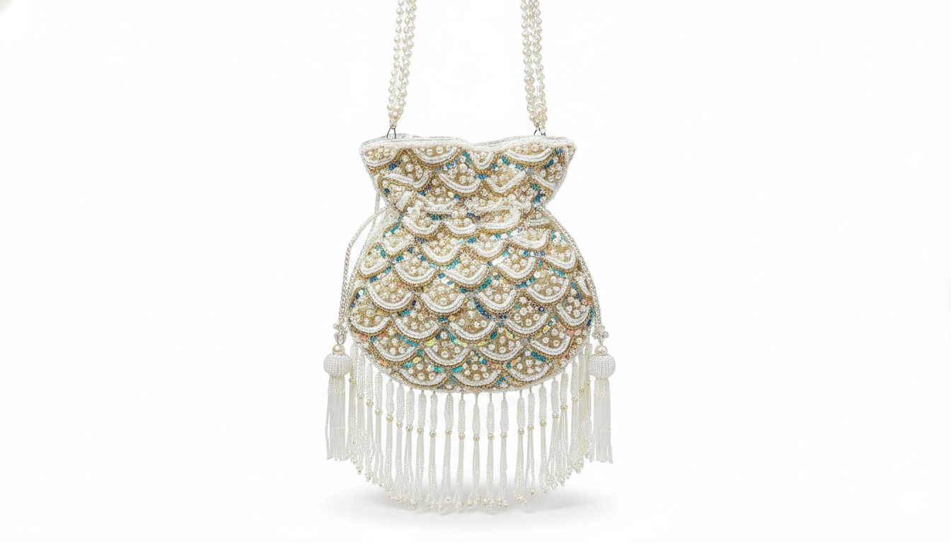 Decorative handbag with intricate design and white fringes on a white background