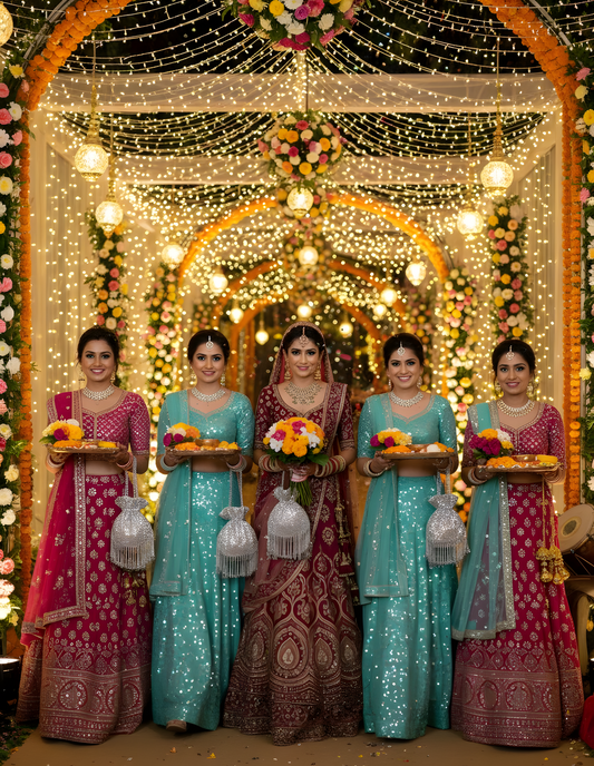 Five women in traditional attire standing under a decorated archway with lights and flowers.