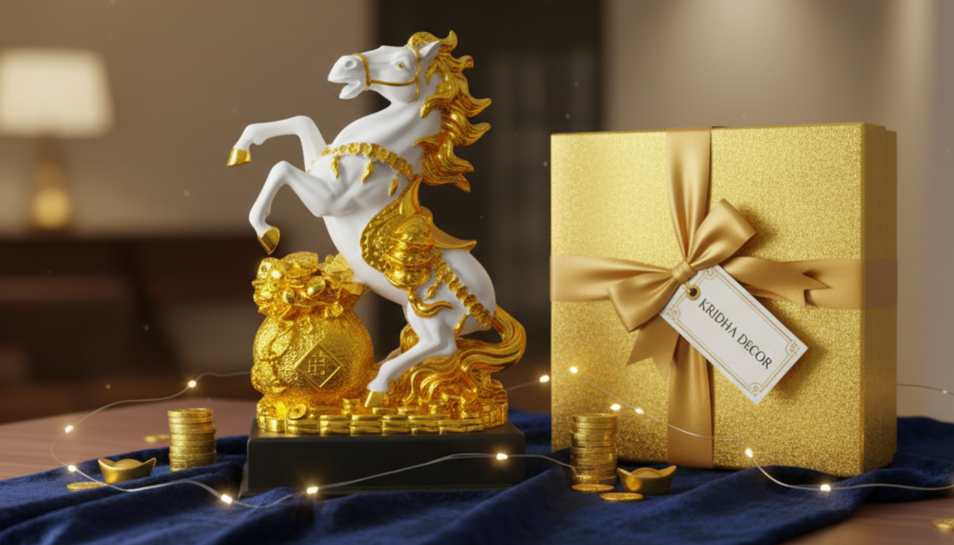 Gold and white horse statue next to a gold gift box on a table with a blurred background