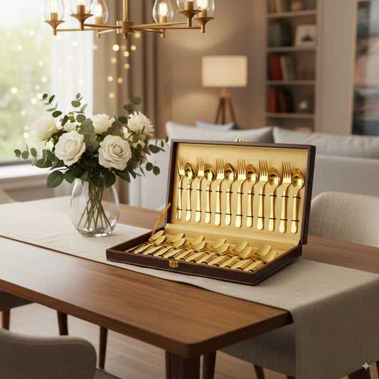 24-Piece Gold Cutlery Set – Stainless Steel Flatware for 6, Dinner Spoons, Forks & Teaspoons with Leatherette Gift Box