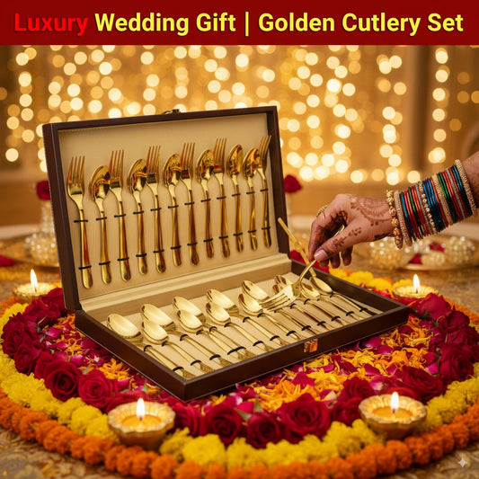 24-Piece Gold Cutlery Set – Stainless Steel Flatware for 6, Dinner Spoons, Forks & Teaspoons with Leatherette Gift Box