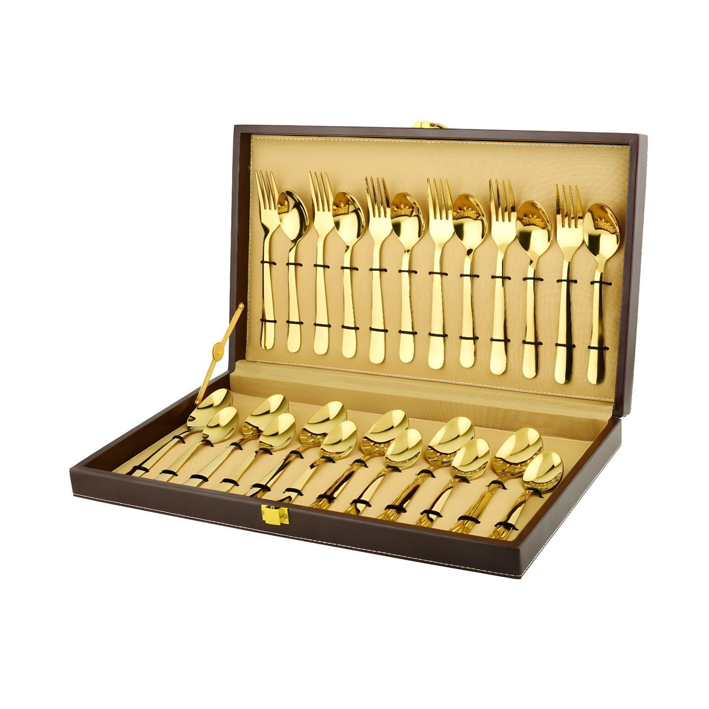 24-Piece Gold Cutlery Set – Stainless Steel Flatware for 6, Dinner Spoons, Forks & Teaspoons with Leatherette Gift Box