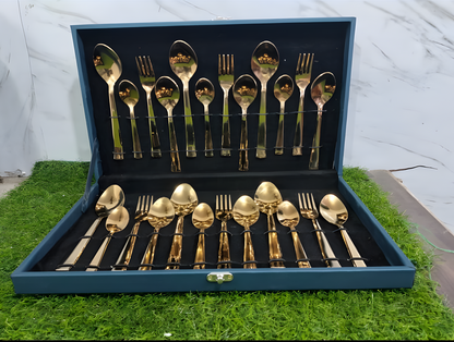 24-Piece Gold Cutlery Set – Stainless Steel Flatware for 6, Dinner Spoons, Forks & Teaspoons with Leatherette Gift Box