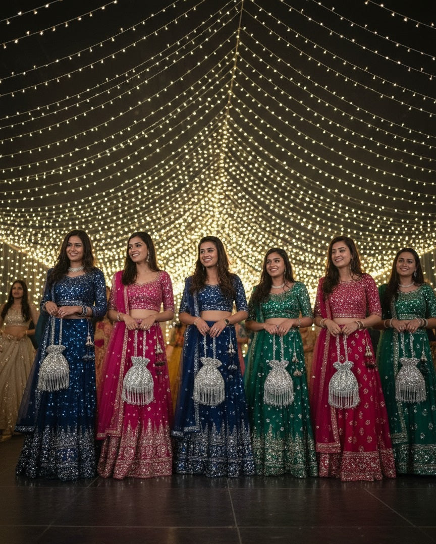 Group of women in colorful traditional dresses standing in front of a string light decorated ceiling.