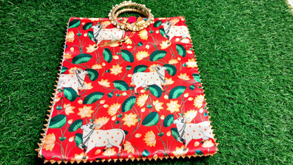 Elegant Red Lotus Cow Motif Handcrafted Pooja Bag | Festive & Spiritual Gift - 30x22 cm