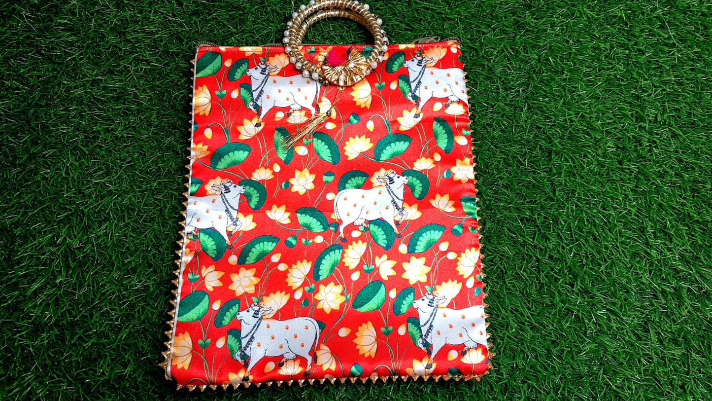 Elegant Red Lotus Cow Motif Handcrafted Pooja Bag | Festive & Spiritual Gift - 30x22 cm