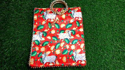 Elegant Red Lotus Cow Motif Handcrafted Pooja Bag | Festive & Spiritual Gift - 30x22 cm